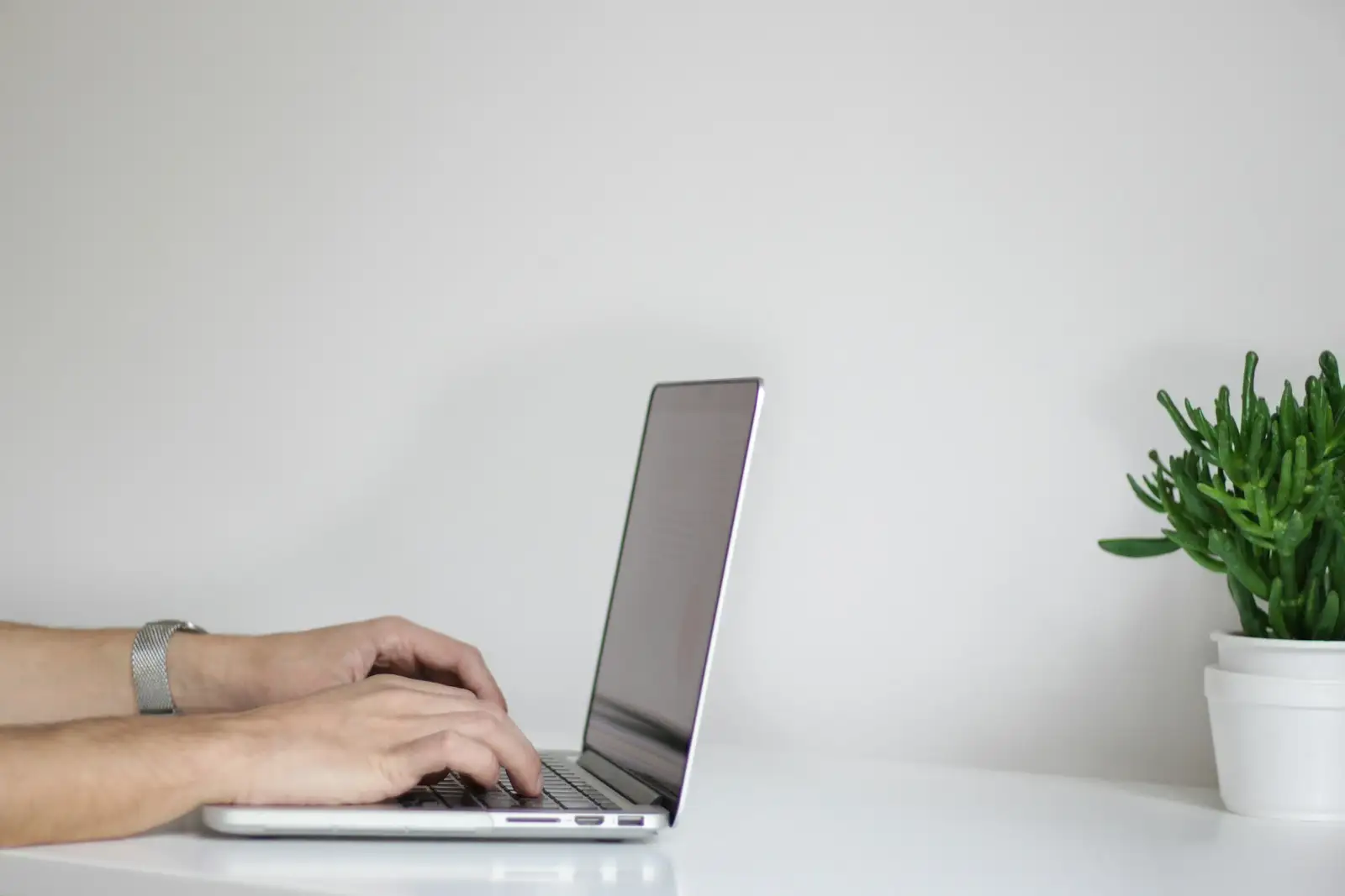 Mãos digitando em um notebook ao lado de uma planta.
